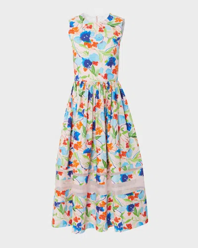 CAROLINA HERRERA FLORAL-PRINT MIDI DRESS WITH ORGANZA DETAIL