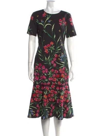 Pre-owned Carolina Herrera Floral Print Midi Length Dress In Black
