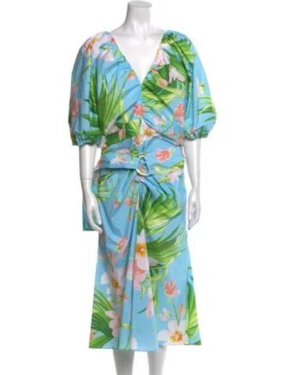 Pre-owned Carolina Herrera Floral Print Midi Length Dress In Blue