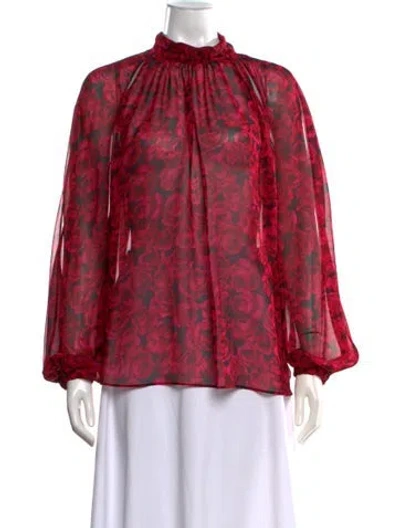 Pre-owned Carolina Herrera Floral Print Mock Neck Blouse In Red