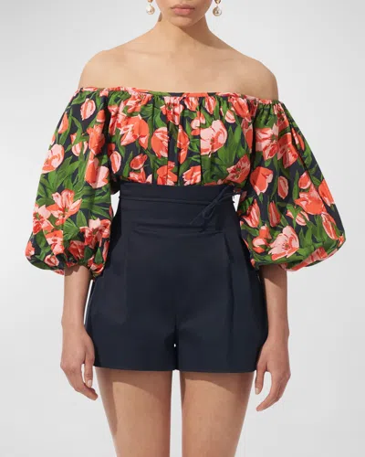 Carolina Herrera Floral-print Off-the-shoulder Puff-sleeve Top In Midnight Multi
