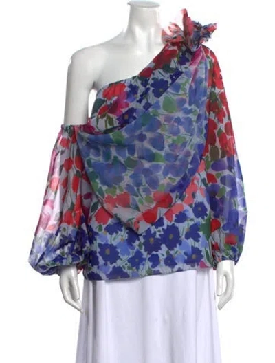 Pre-owned Carolina Herrera Floral Print One-shoulder Blouse In Blue