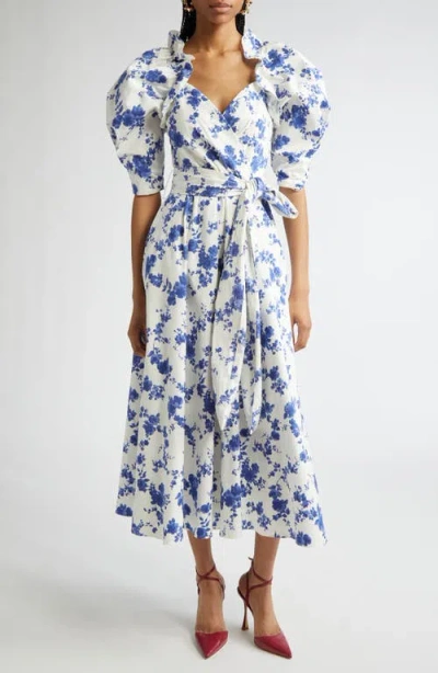 CAROLINA HERRERA CAROLINA HERRERA FLORAL PRINT PUFF SLEEVE FAUX WRAP DRESS