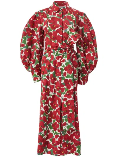 Carolina Herrera Floral-print Puff-sleeve Shirt Dress In Red