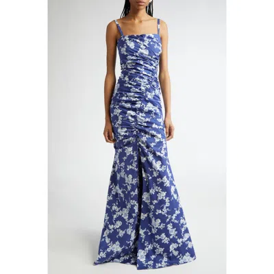 Carolina Herrera Floral Print Ruched Faille Gown In Multi