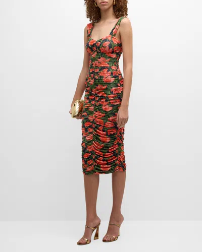 Carolina Herrera Floral-print Ruched Midi Dress In Midnight Multi