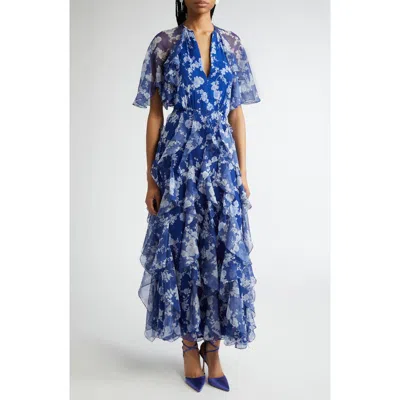 CAROLINA HERRERA CAROLINA HERRERA FLORAL PRINT RUFFLE SILK CHIFFON MIDI DRESS