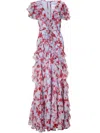 Carolina Herrera Plunging Ruffle Short-sleeve Silk Gown In Multi