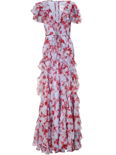 Carolina Herrera Plunging Ruffle Short-sleeve Silk Gown In Multi