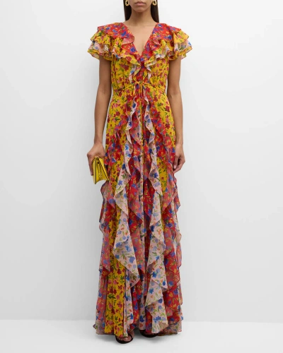 Carolina Herrera Floral Print Ruffled Gown In Multi-color