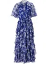 Carolina Herrera Silk Short Sleeve Tie Cape Ruffle Dress In Blau