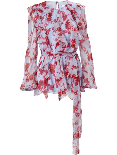 CAROLINA HERRERA FLORAL-PRINT RUFFLED SILK TOP