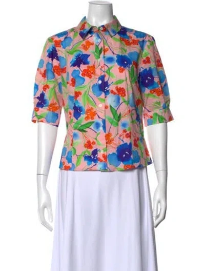 Pre-owned Carolina Herrera Floral Print Short Sleeve Blouse In Red