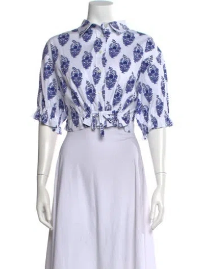Pre-owned Carolina Herrera Floral Print Short Sleeve Blouse W/ Tags In Blue/white