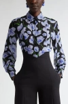 Carolina Herrera Floral Print Silk Button-up Shirt In Black Multi
