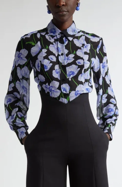 Carolina Herrera Floral Print Silk Button-up Shirt In Black Multi