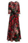 Carolina Herrera Floral-print Collarless Gown In Black Multi