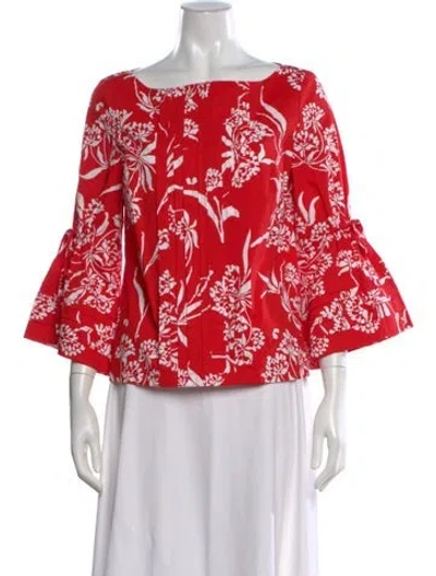 Pre-owned Carolina Herrera Floral Print Square Neckline Blouse In Red