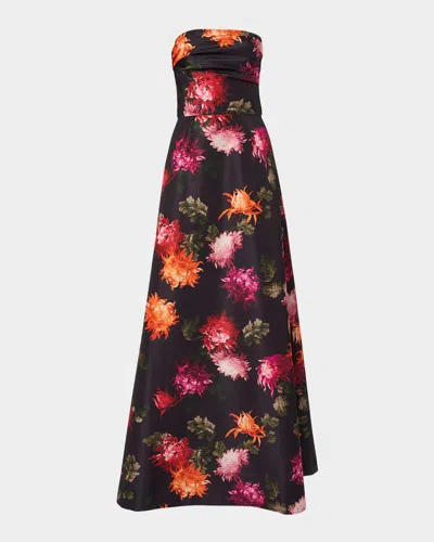CAROLINA HERRERA FLORAL-PRINT STRAPLESS A-LINE GOWN