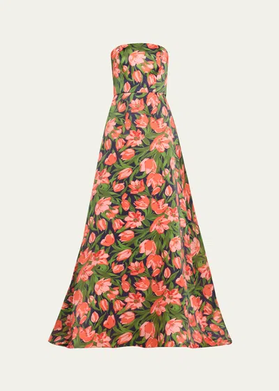 Carolina Herrera Floral Print Strapless Gown In Midnight Multi