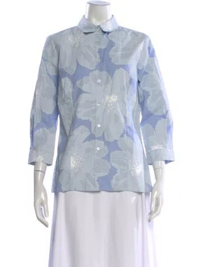 Pre-owned Carolina Herrera Floral Print Three-quarter Sleeve Blouse In Blue