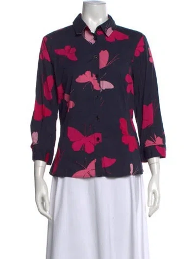 Pre-owned Carolina Herrera Floral Print Three-quarter Sleeve Blouse In Blue