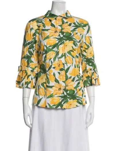 Pre-owned Carolina Herrera Floral Print Three-quarter Sleeve Blouse In Multicolor