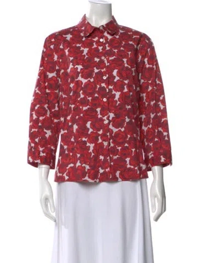 Pre-owned Carolina Herrera Floral Print Three-quarter Sleeve Blouse In Red