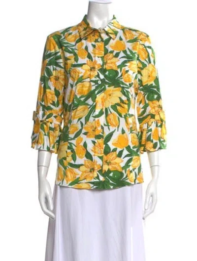 Pre-owned Carolina Herrera Floral Print Three-quarter Sleeve Blouse In Yellow
