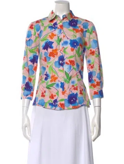 Pre-owned Carolina Herrera Floral Print Three-quarter Sleeve Button-up Top In Multi