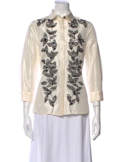 Pre-owned Carolina Herrera Floral Print Three-quarter Sleeve Button-up Top In Neutral