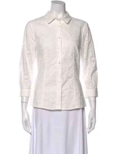 Pre-owned Carolina Herrera Floral Print Three-quarter Sleeve Button-up Top In White