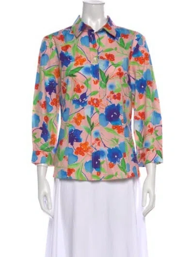 Pre-owned Carolina Herrera Floral Print Three-quarter Sleeve Top In Pink