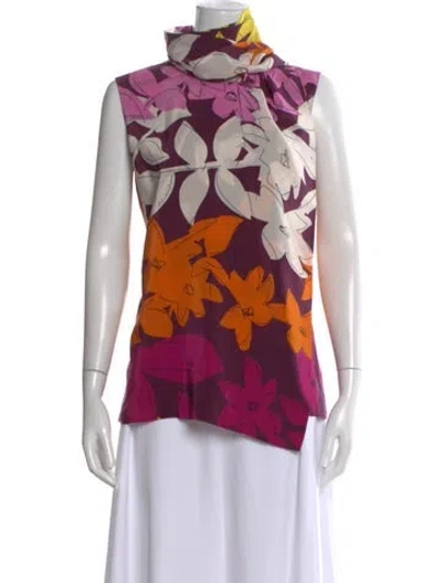 Pre-owned Carolina Herrera Floral Print Tie Neck Blouse In Pink