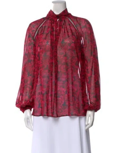 Pre-owned Carolina Herrera Floral Print Tie Neck Blouse In Red