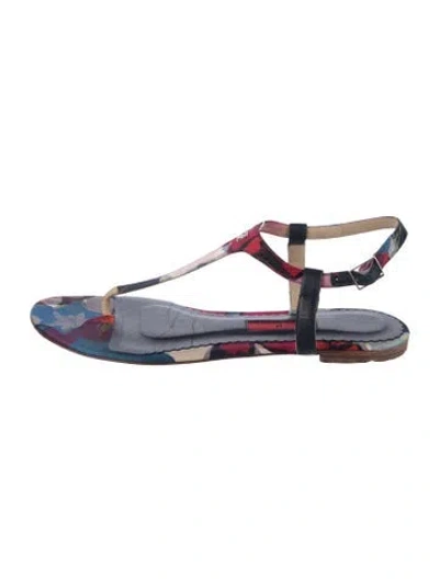 Pre-owned Carolina Herrera Floral Print T-strap Sandals In Blue