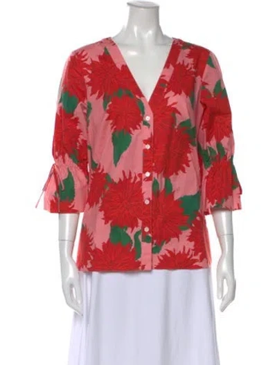 Pre-owned Carolina Herrera Floral Print V-neck Blouse In Pink