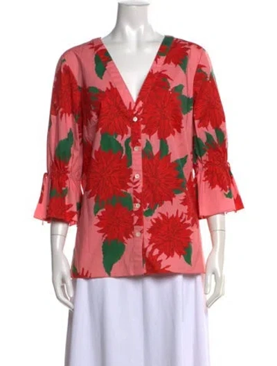 Pre-owned Carolina Herrera Floral Print V-neck Blouse In Pink