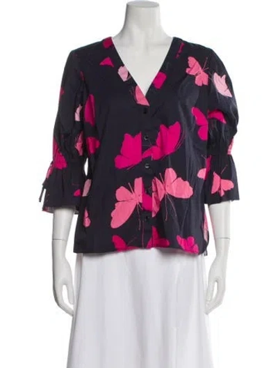 Pre-owned Carolina Herrera Floral Print V-neck Blouse In Purple