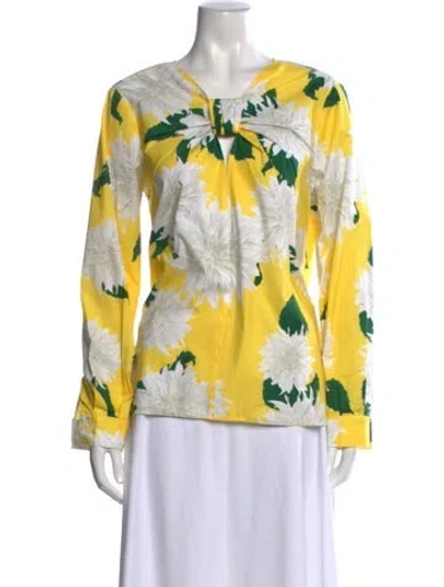 Pre-owned Carolina Herrera Floral Print V-neck Blouse In Yellow