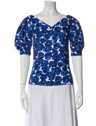 Pre-owned Carolina Herrera Floral Print V-neck Top In Blue