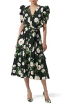 Carolina Herrera Floral Puff Sleeve Stretch Midi Dress In Black Multi