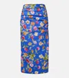 Carolina Herrera Floral Ruched Cotton-blend Midi Skirt In Blue