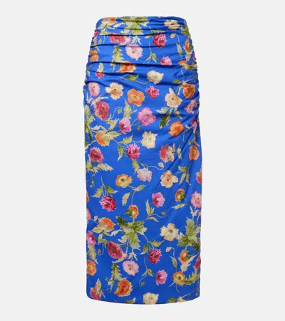 Carolina Herrera Floral Ruched Cotton-blend Midi Skirt In Blue