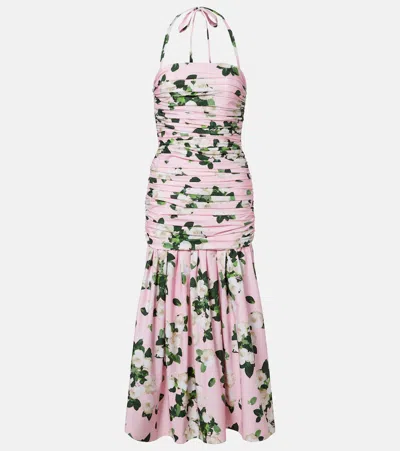 Carolina Herrera Floral-print Ruched Cotton-blend Maxi Dress In Pink