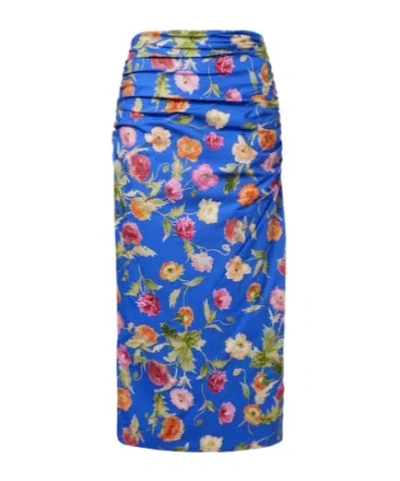 Carolina Herrera Floral Ruched Cotton-blend Midi Skirt In Blue
