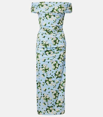 Carolina Herrera Floral Print Ruched Off The Shoulder Jersey Dress In Blue