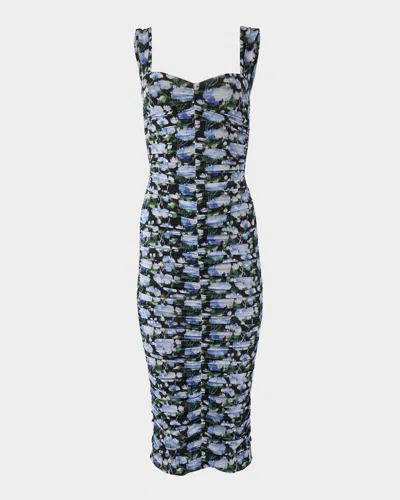 Carolina Herrera Peony Print Ruched Stretch Jersey Midi Dress In Blue