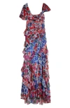 Carolina Herrera One Shoulder Cap Slv Multi Ruffle Gown In Celeste Multi