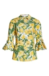 CAROLINA HERRERA FLORAL RUFFLE STRETCH COTTON BUTTON-UP SHIRT